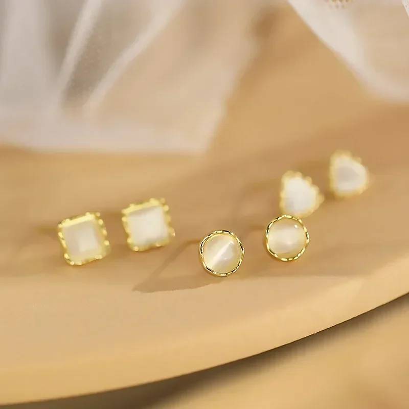 

Real 925 Sterling Silver Cat's Eye Stone Square Circle Triangle Stud Earrings for Women Trendy Fine Jewelry Accessories