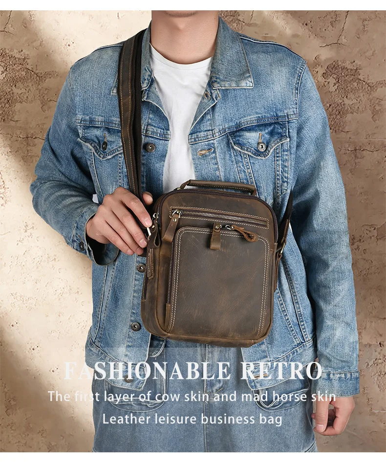 

Men's real leather shoulder Tote Retro multi-pocket square multi-function iPad tablet storage diagonal cross travel bag