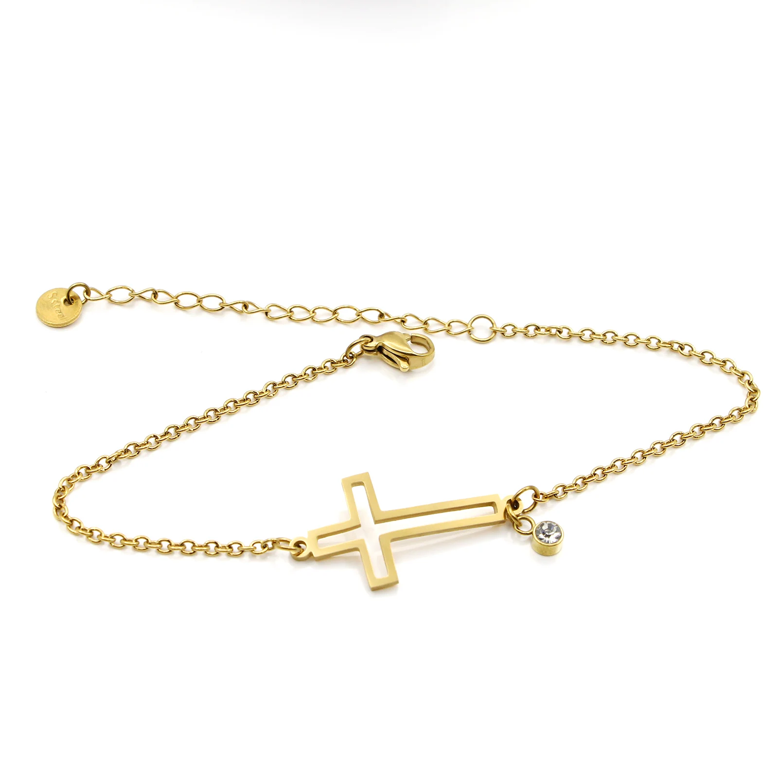 Women Sideways Cross Bracelet Stainless Steel Gold Plated Hollow Cross With Small Crystal Adjustable Chain Faith Jewelry Gift