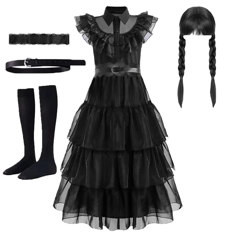 25COSGirls Black Halloween Cosplay Costume Kids Princess Dress With Wigs Belt Socks Cat Ears Headband Birthday Party Halloween O - view 2