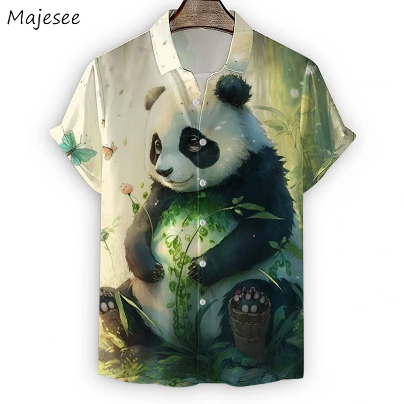 

Shirts for Men Tops Panda Print Loose Casual Breathable Holiday Beach Style Summer Fashion All-match Personality Teens Clothing