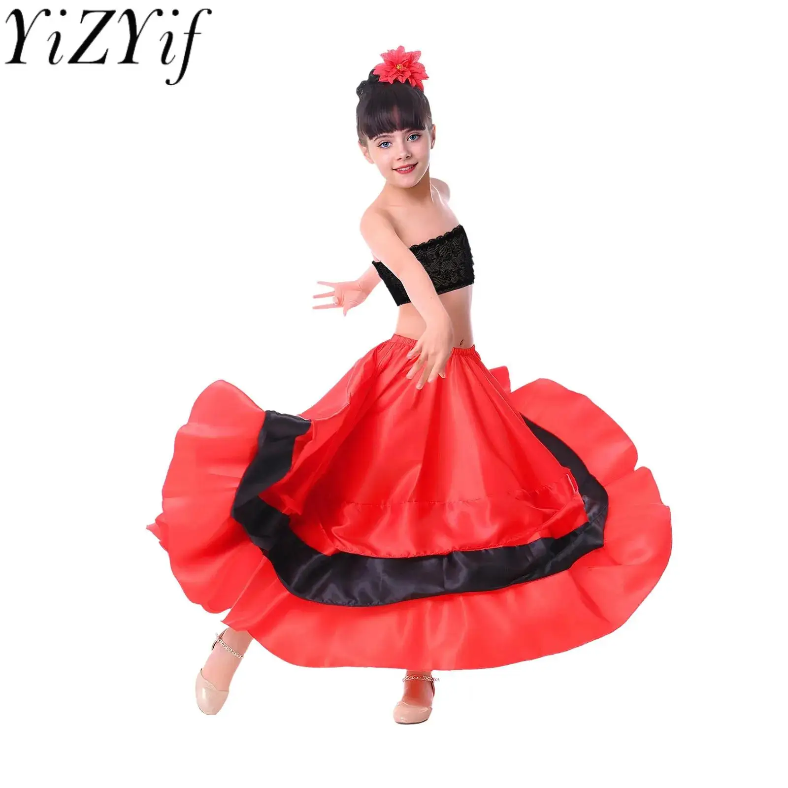 Strój do tańca flamenco dla dziewczynek: koronkowy top tuba z kontrastową, warstwową spódnicą z szerokim dołem i ozdobą na głowę.