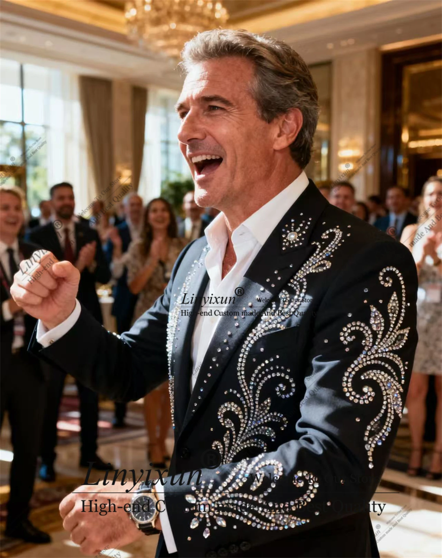 

Luxurious design Ornament Rhinestones Men Suits 2 Pieces Groom Male Blazers Formal Slim Customized Wedding Tuxedos Ropa hombre