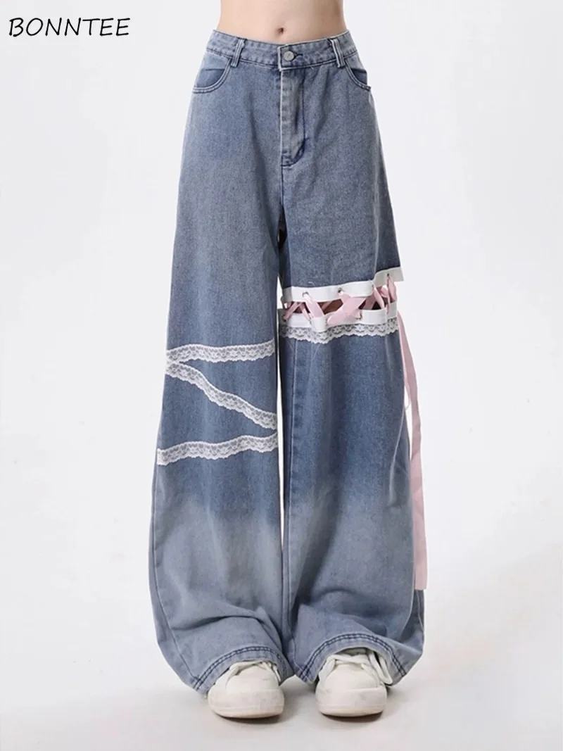 

Широкие джинсы для женщин, ажурные кружевные повязки, корейская мода, мешковатые модные осенние милые милые девушки в стиле Харадзюку, винтажные