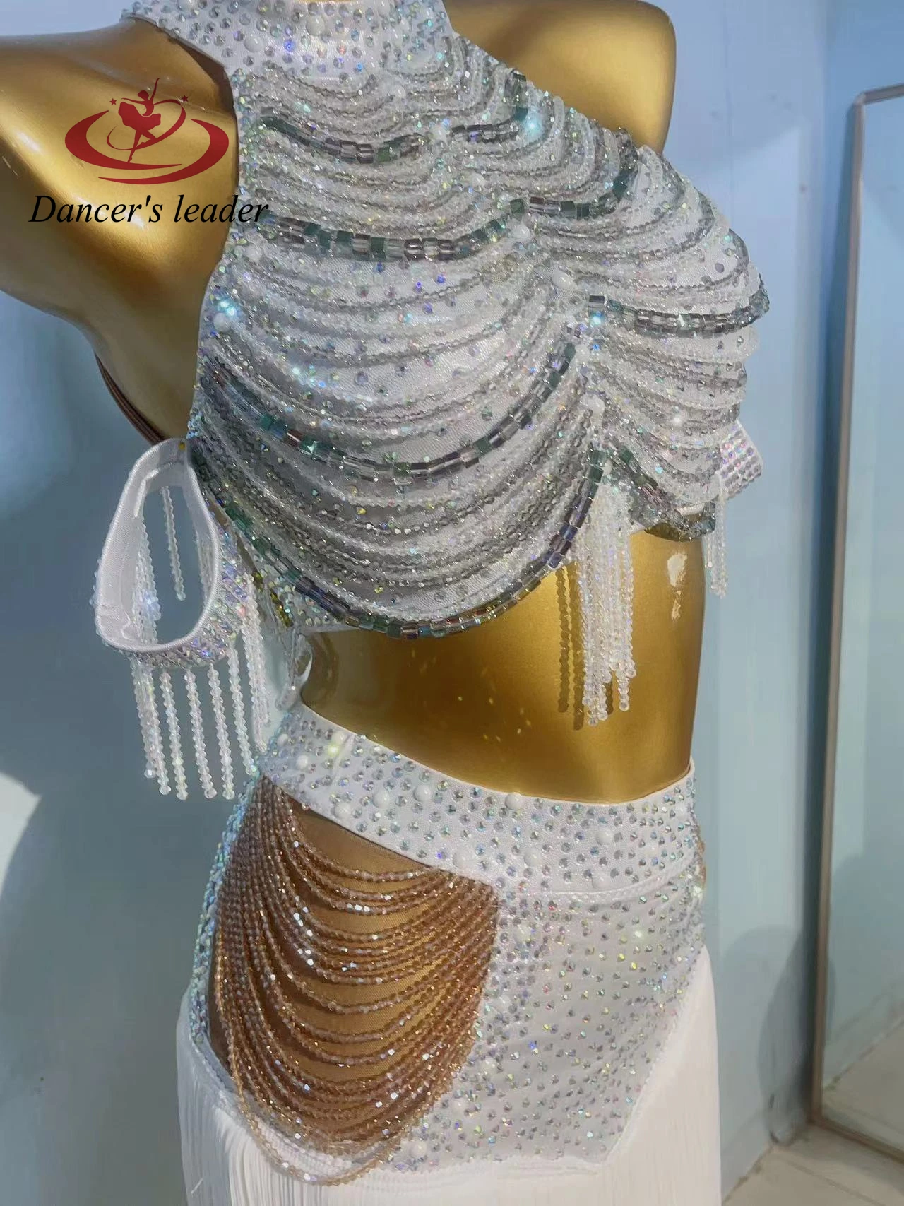 زي الرقص اللاتيني حجر الراين المرأة الراقية مخصص كريستال مطرز الصدرية سبليت أداء السامبا فستان فلاش عالي