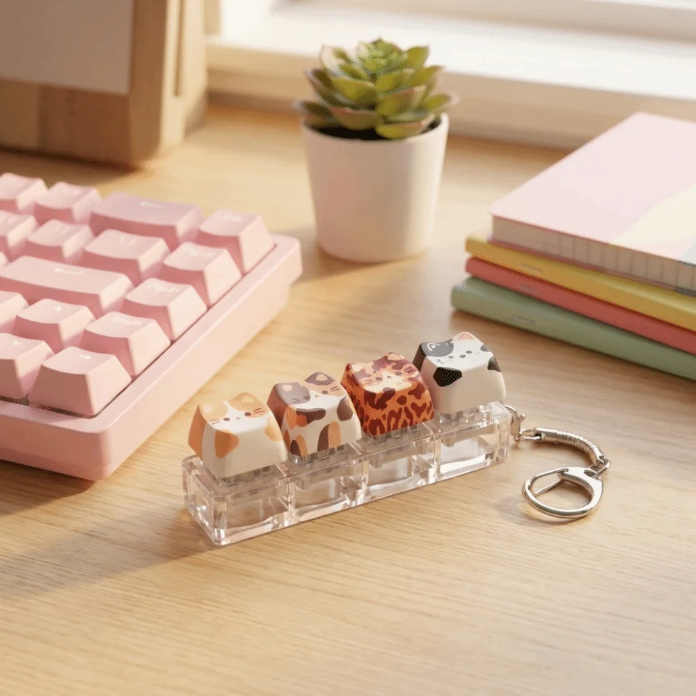 4 Keys Cat Fidget Keychain Creative Kawaii Cat Mechanical Keyboard Keyring Switch Tester Finger Button Keycap Keychain