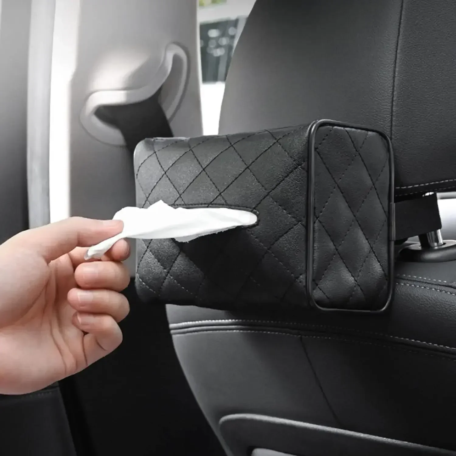 

Solid Color Checkered Leather Wear-Resistant Tissue Box Car Seat Back Sunshade Hanging Tissue-Bag Buckle Strap Easy Installation