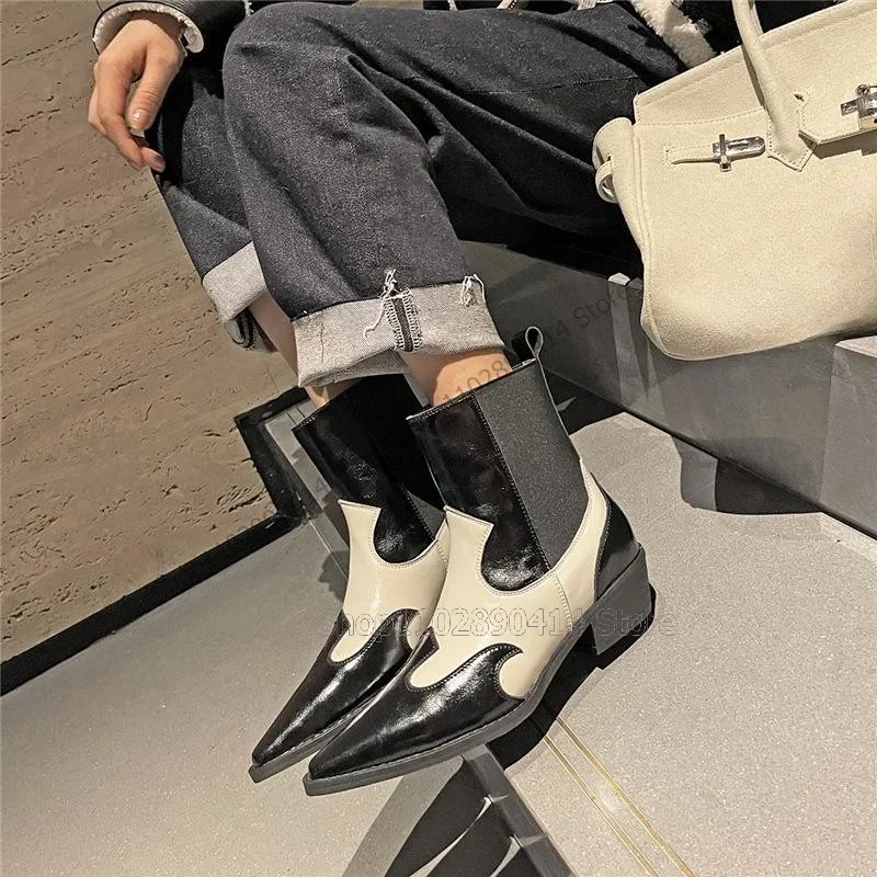 Orange White Totem Design Pointed Toe Boots Mid Calf Slip On Women Shoes Chunky Heels Fashion Banquet 2023 Zapatos Para Mujere