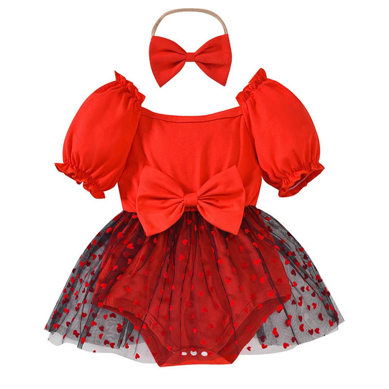 Baby Girl Valentine’s Day Outfits Ruffle Sleeveless Bow Embroidery Romper with Headband Set Newborn Clothes