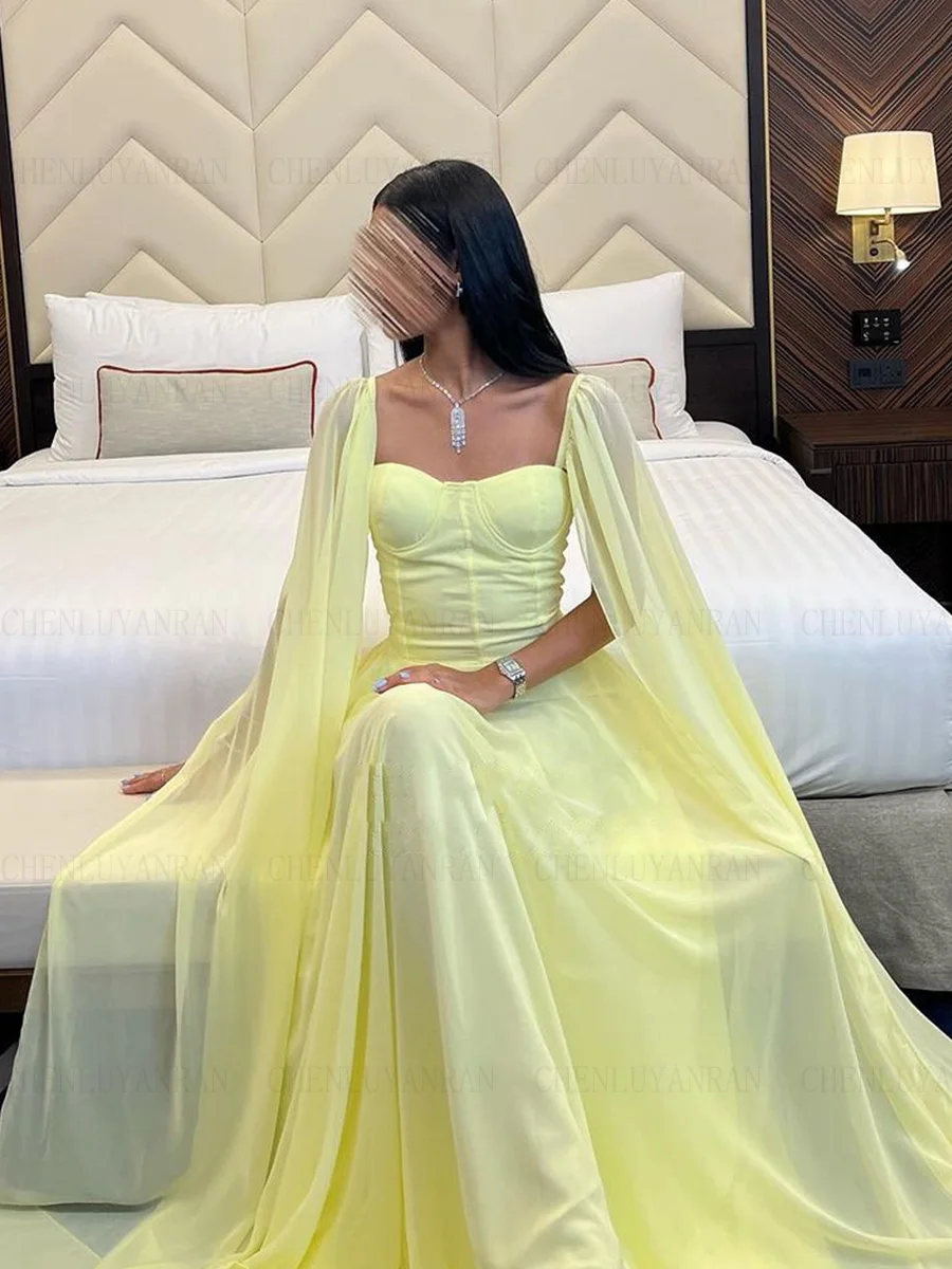 Yellow Chiffon Formal Occasion Dresses 2023 Long Sleeves A-line Ball Gowns Sweetheart Simple Evening Party Gowns فساتين الحفلات