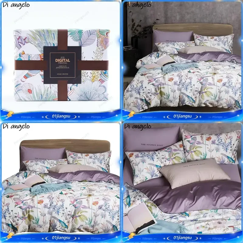 Flower Bird Digital Printing Bedding Set 600TC Egyptian Cotton Duvet Cover Luxury Bed Sheets Pillowcases 4Pcs Home Textile
