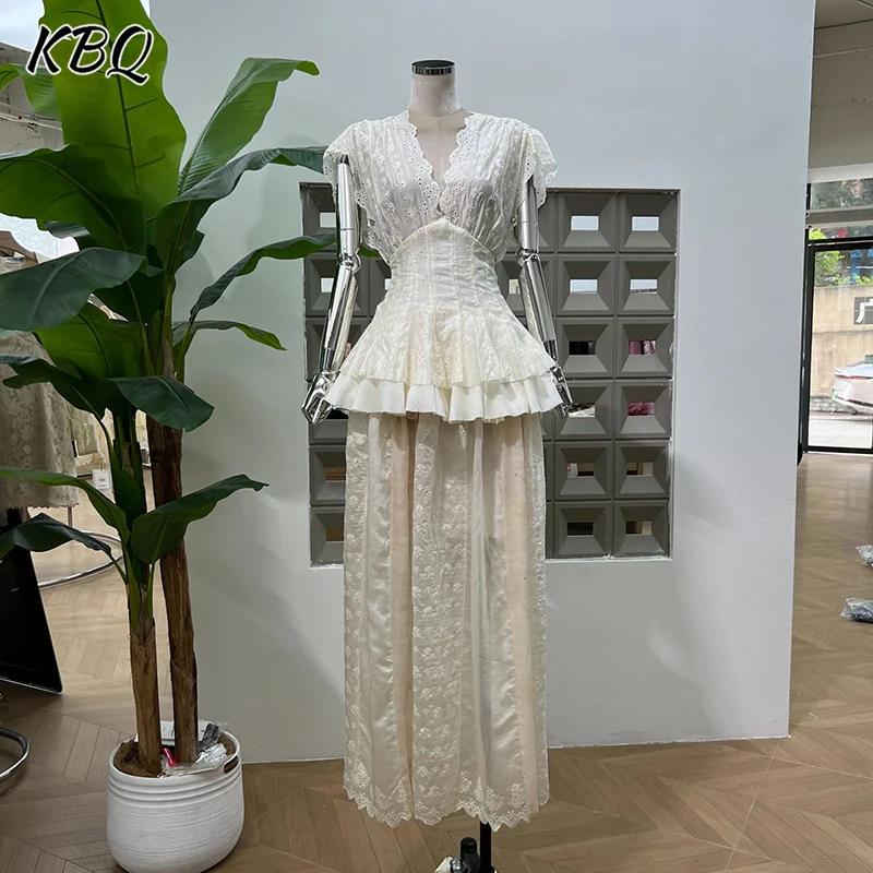 

KBQ Vintage Solid Two Piece Sets for Women V Neck Sleeveless Tunic Vest High Waist Long Skirts Embroidery Set Female Fashion New