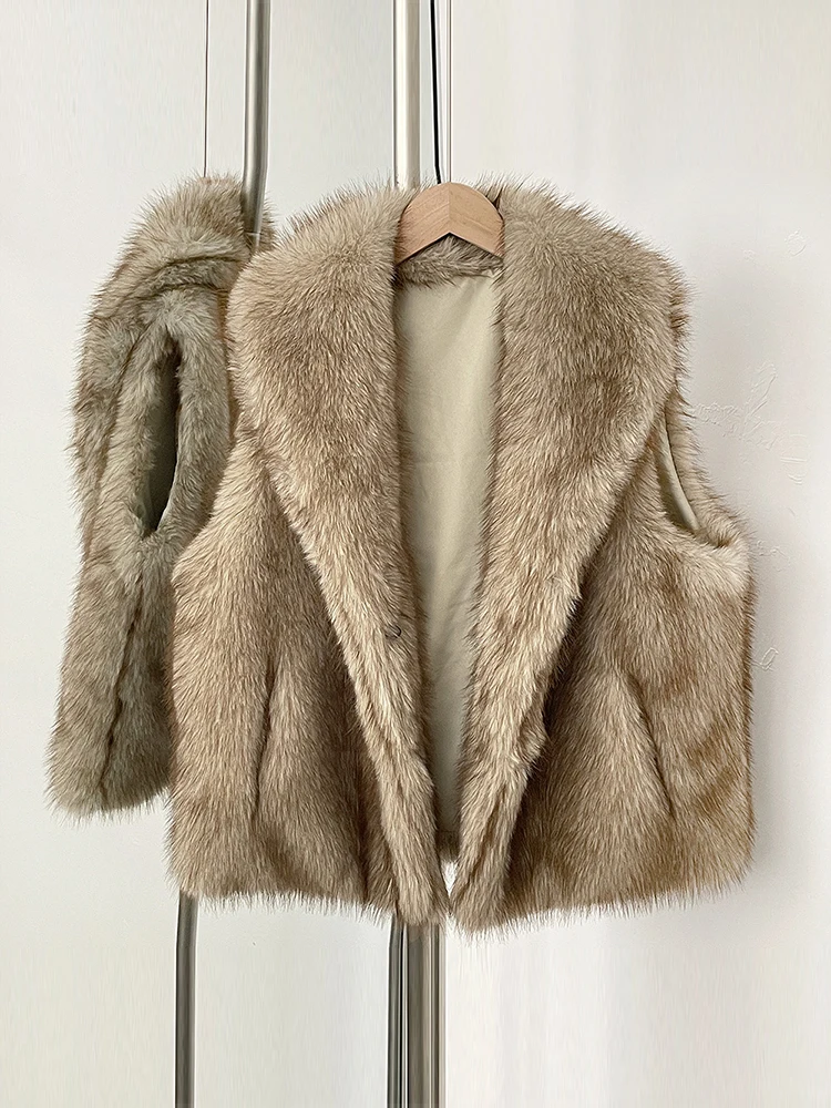 

Aynaray 2025 Winter Women Faux Fur Vest Jacket Solid Khaki Sleeveless Thick Warm Outwear Fluffy Coat For Women