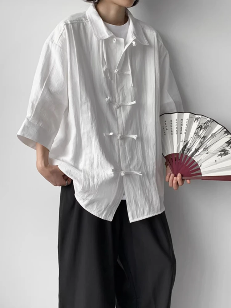 

Винтажная мужская рубашка в новом китайском стиле с пуговицами-лягушками, из льна и хлопка, с рукавом 3/4, летняя, свободная, повседневная, ретро, дышащая, на каждый день