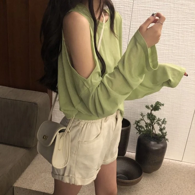 Summer New Off Shoulder Loose Top T Shirt Solid Color Long Sleeve Round Neck All-match Pullovers Fashion Casual Women Clothing