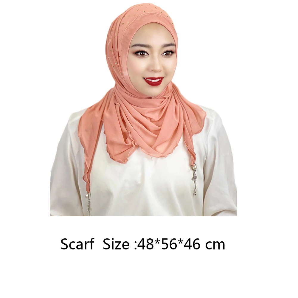 Hijab monocromático muçulmano para mulheres muçulmanas, hijabs com diamantes, lenço macio, turbante islâmico, acessórios para cabelo, esporte