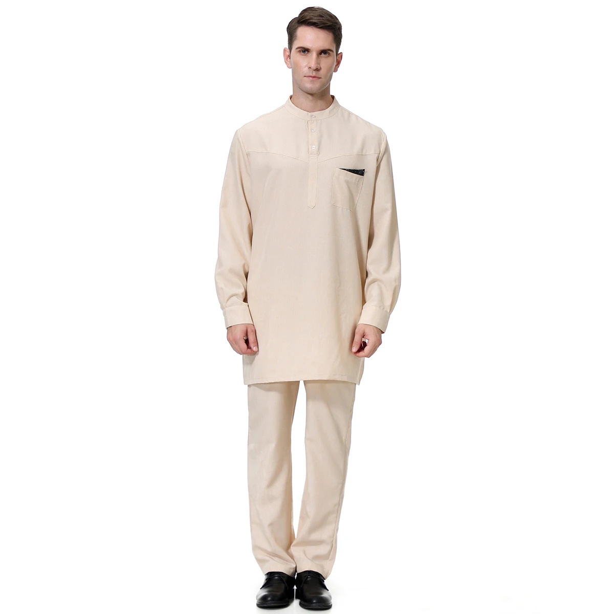 2 PCS Muslim Men Long Sleeves Chinese Collar Packet Color Contrast Robe Long Pants  Arab Male Thobe Ramadan Eid Clothes