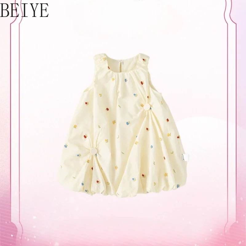 Baby Girls Sleeveless Bubble Dress Colorful Fruit Embroidery Halter Neck Button Puff Hem Toddler Summer Casual Cotton Sundress
