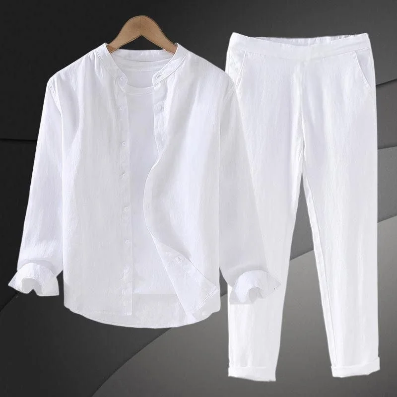 Conjunto de Camisa de Lino Informal Ligera de Verano para Hombre, Manga Larga, Color Blanco, Pantalones a Juego, Marca China Tagkita