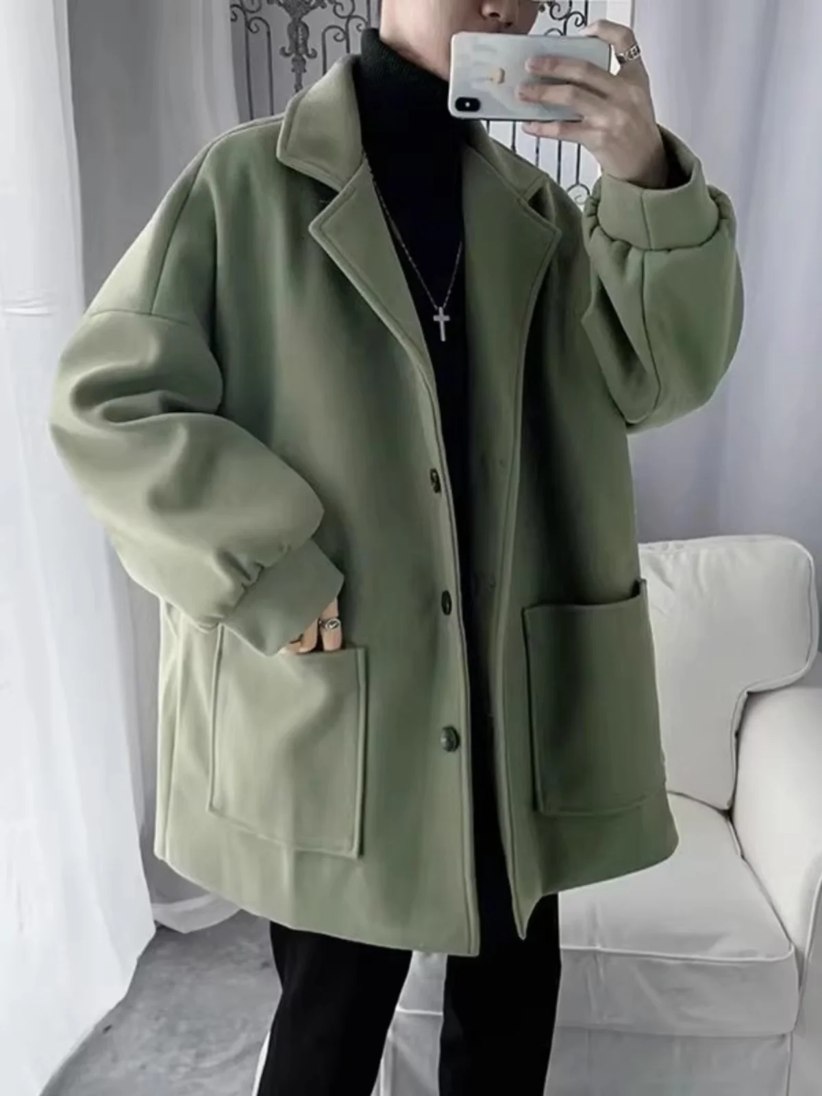 

Мужское пальто из шерстяной смеси в клетку с V-образным вырезом, классический базовый фасон