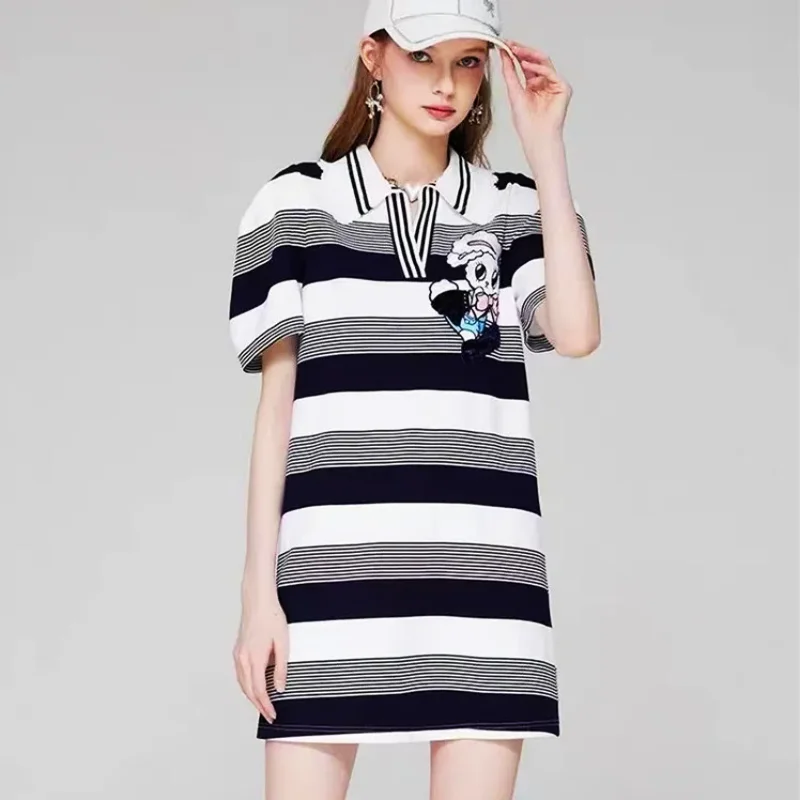 Short Sleeve Knitted Sports Dress Women Korean Embroidery Cartoon Cool Rabbit Summer Stripped Dress Robe Femme Vestidos NZ32