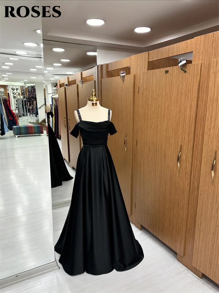 ROSES Black Spaghetti Strap Off Shoulder Formal Dresses for Woman Beading A-line Evening Gown Elegant Silk Satin Prom Dresses