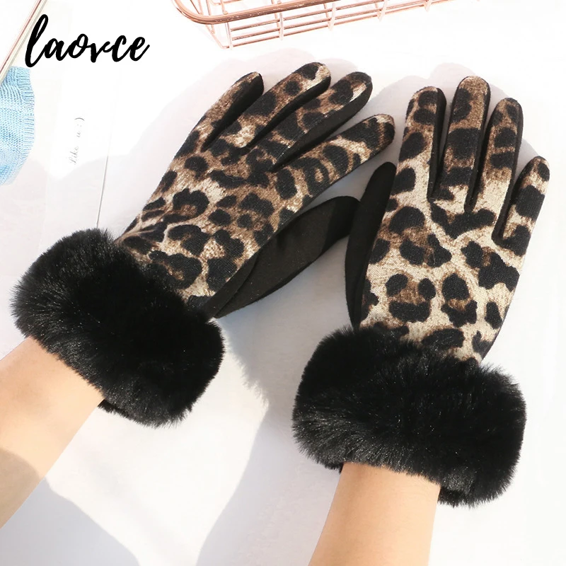 Moda leopardo impressão luvas senhora de pelúcia pulso feminino inverno tela toque dedo cheio engrossar quente luvas estudante ciclismo g105