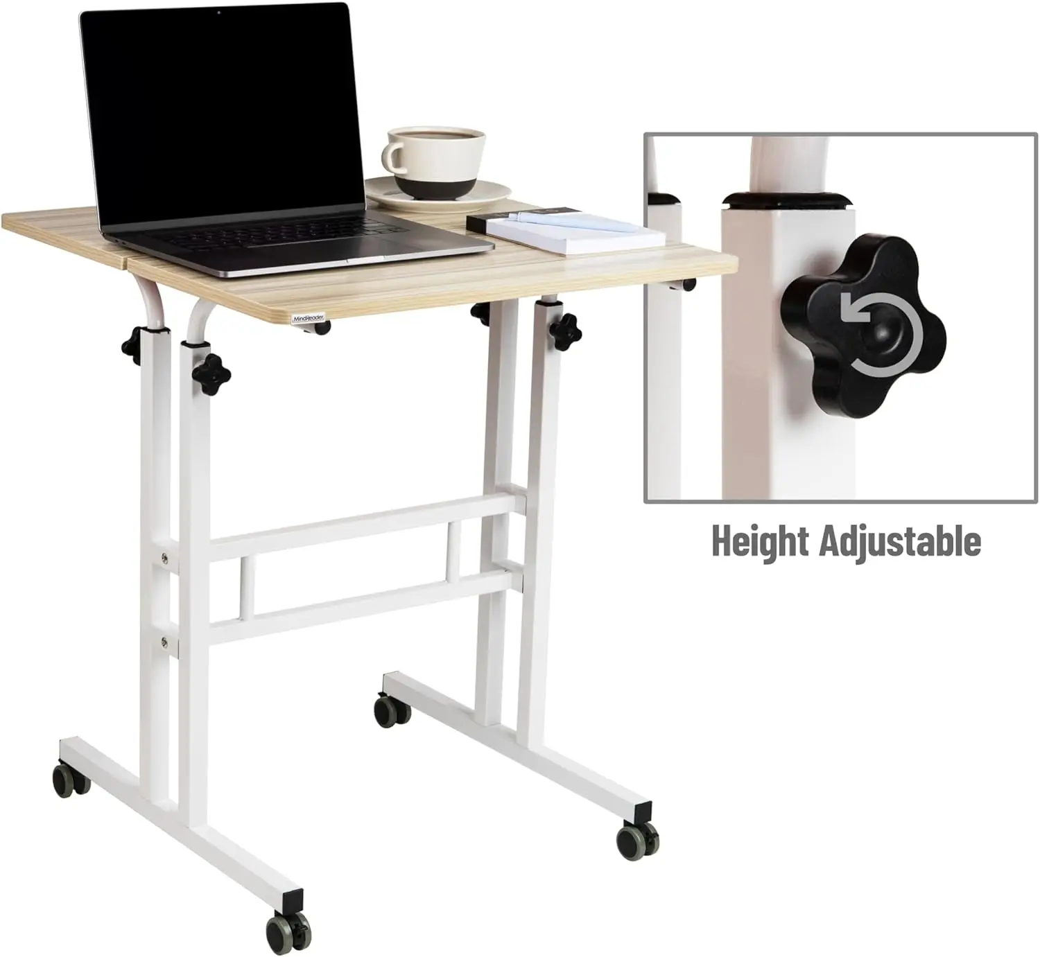 Adjustable Height Standing Desk with Wheels, Portable Laptop Workstation, Two-Tier Metal Frame in White