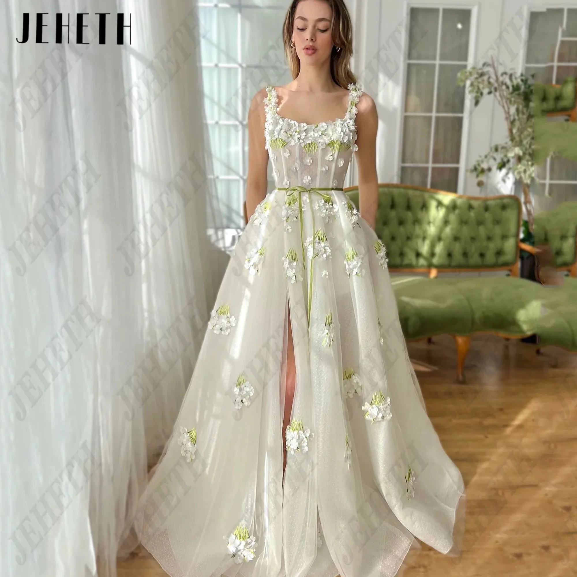 JEHETH Embroidery A-Line Prom Gowns Side Split Flowers Sleeveless Square Collar Tulle Evening Party Dress Sweep Train Custom