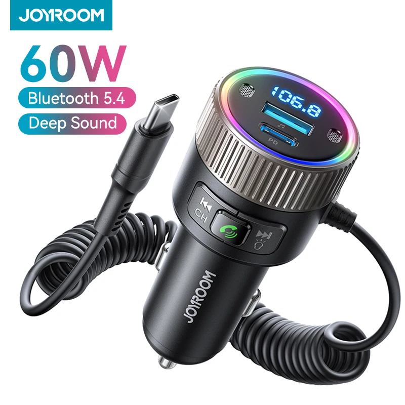 JOYROOM 2024 Bluetooth 5.4 FM Transmitter 60W PD QC3.0 Fast Car Charger Stronger Dual Mics HiFi Deep Sound USB C Charger Adapter