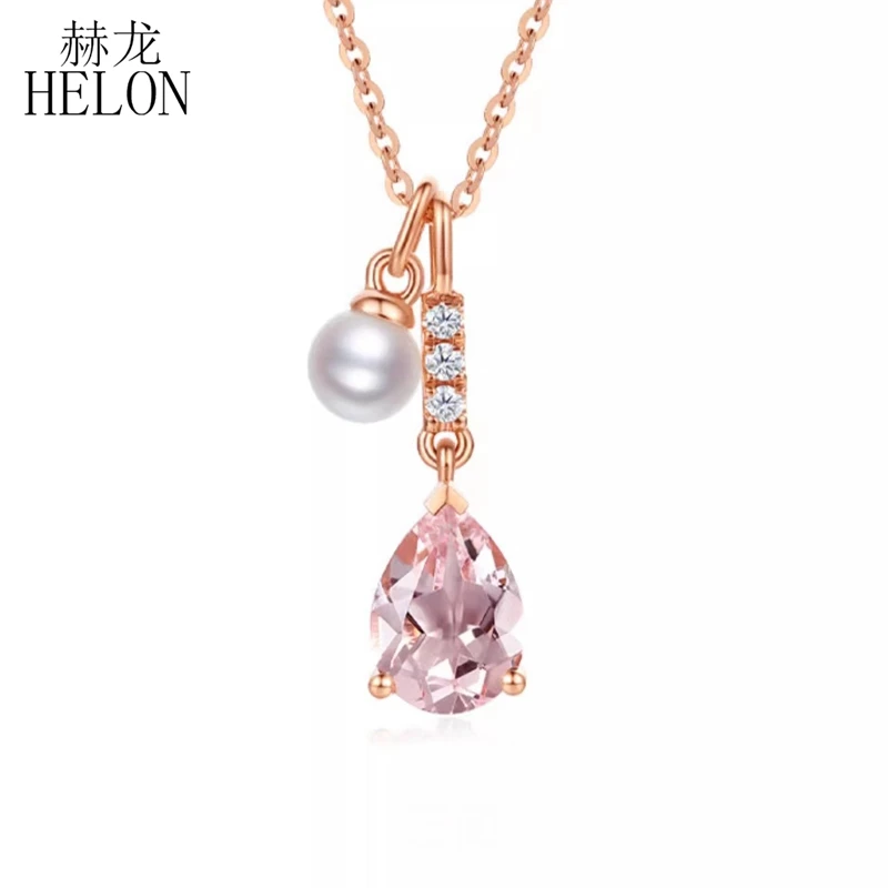 HELON Solid 18K 14K Rose Gold Natural Morganite Diamonds Pendant Necklaces Genuine White FreshWater Pearl Pendant Chain