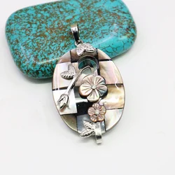 30X40mm Oval Checkered Splicing Carved Natural Abalone Shell Pendant Hanging Decoration, Flowers Neckwear Giving Mother A Gift