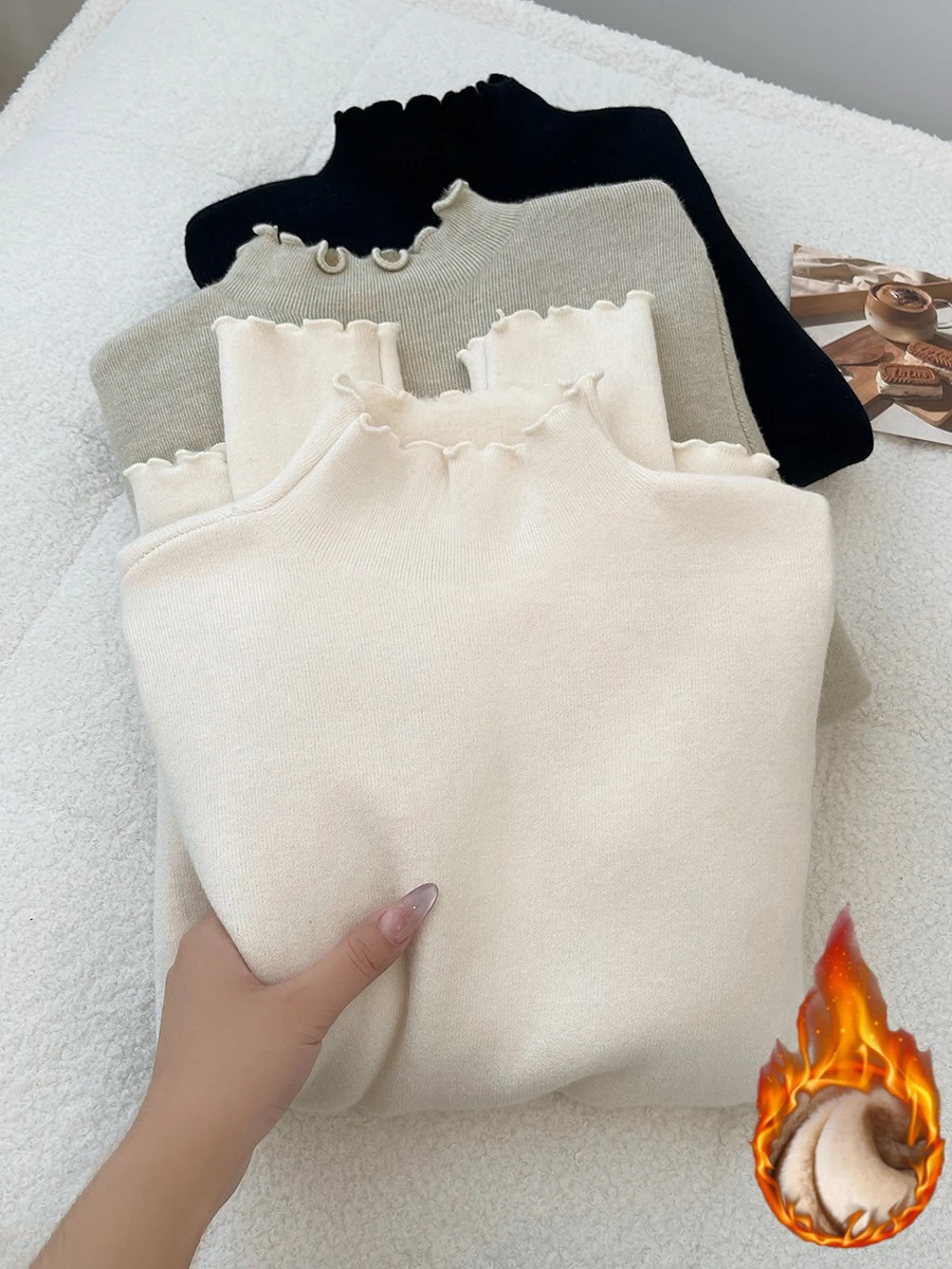 

AOSSVIAO French Style Ruffled Mock Neck Sweater Fleece-Lined Thick Knit Base Layer Pullover Women Autumn Winter Turtleneck Top