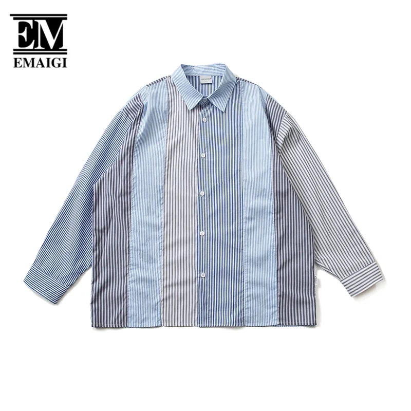 Men's Japan Harajuku Streetwear Cityboy Outdoor Fashion Loose Casual Long Sleeve Stripe Cargo Shirts Man Oversize Shirts