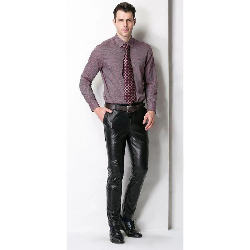 Ropa de oficina para hombre, pantalón Formal de piel de oveja auténtica, 100% CUERO, color negro