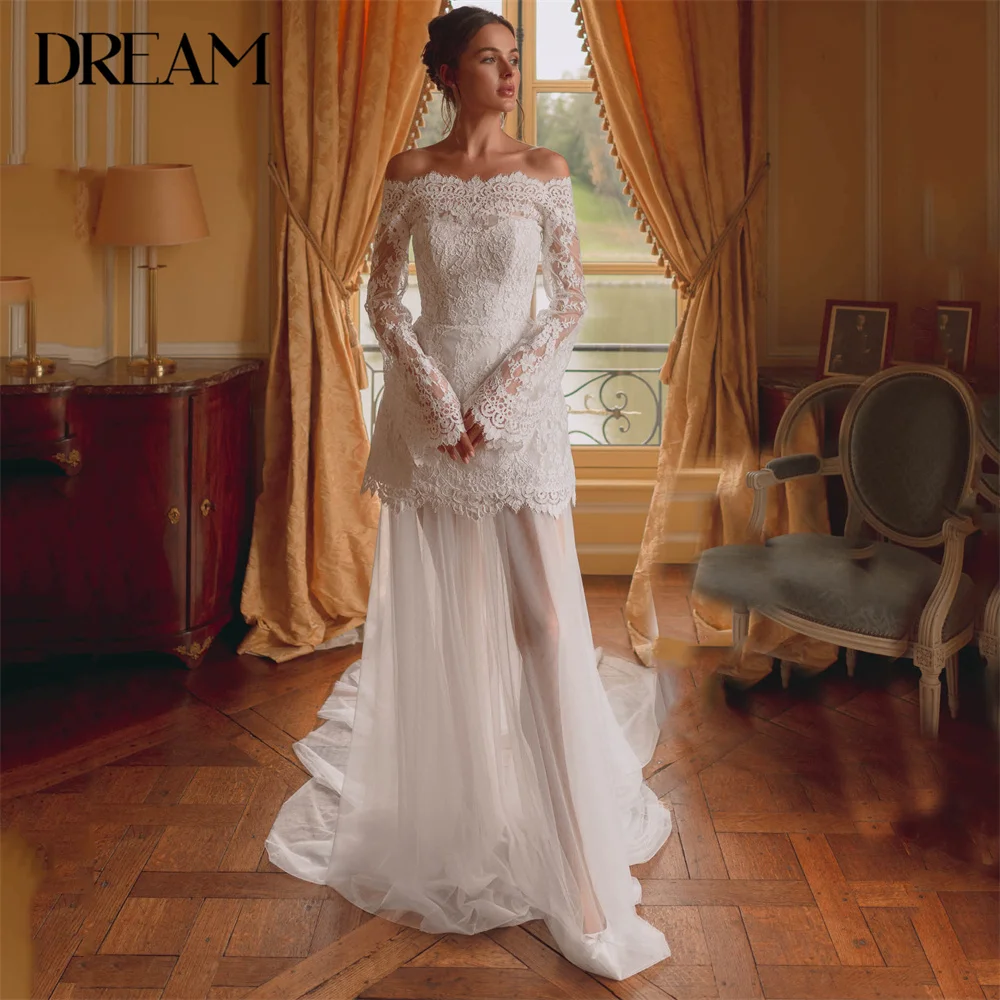 

DREAM Two-Pieces A-line Lace Wedding Dress 2025 Off The Shoulder Long Sleeve Strapless Bridal Gown Vestidos De Novia Customized