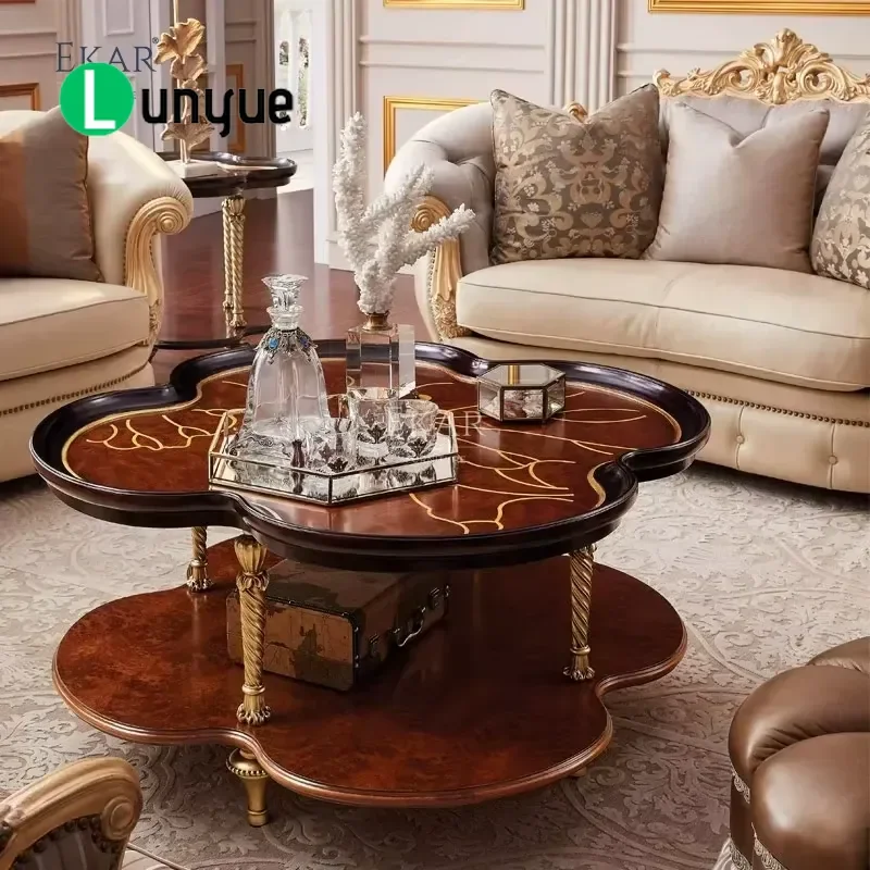 Marquis Burl Wood Four Leaf Coffee Table Deluxe French Classic Two Tier Center Table for Living Room Elegant Design Sturdy