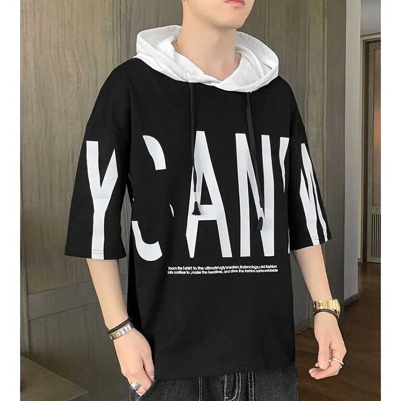 Fashion O-Neck Loose Printed Letter Hooded T-Shirts Men\'s Clothing 2024 Spring Summer New Oversized Korean Tops Casual Tee Shirt