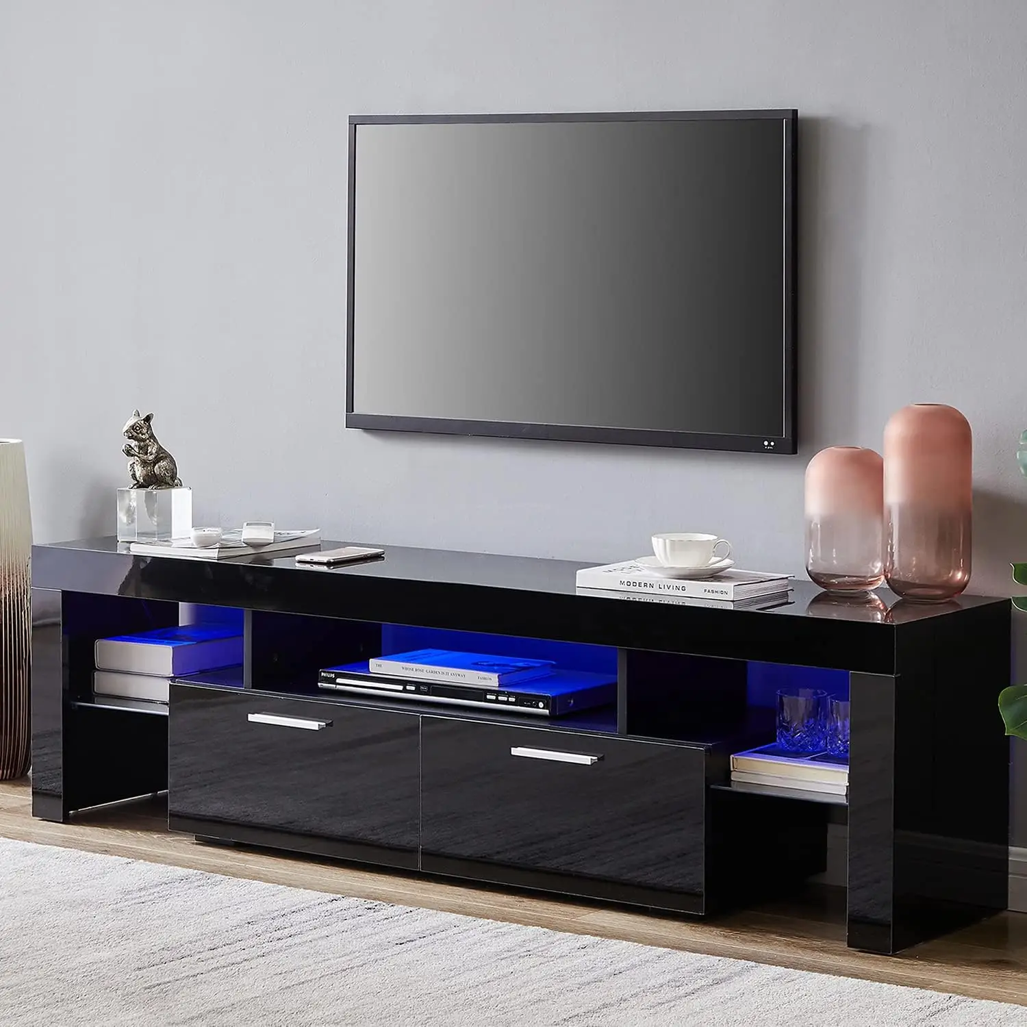 Zwarte LED TV-standaard voor 75 inch tv, hoogglans tv-entertainmentcentrum met opberglade, tv-consoletafel voor woonkamer