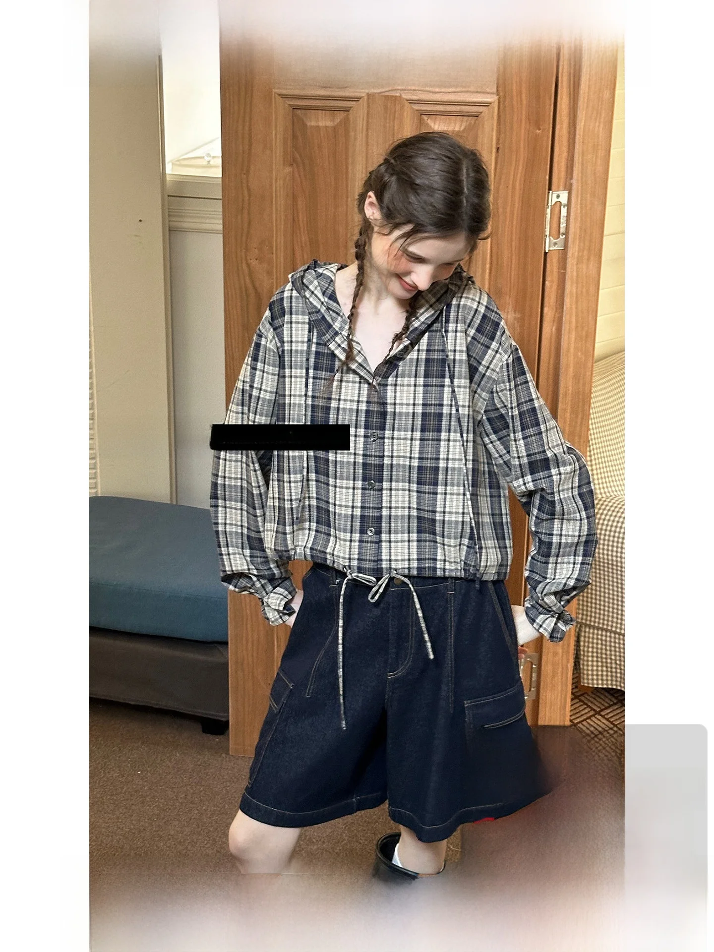 

Женская толстовка с капюшоном в скандинавском ретро-стиле, в клетку, из 100% хлопка, с дизайнерскими манжетами на шнурке, для повседневной носки, с длинными рукавами