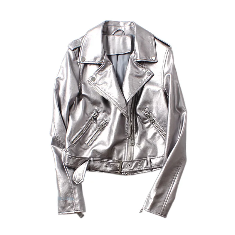 VOLALO Silver Oversized Fake Leather Jackets Women Loose Autumn Winter Coats Women PU Leather Streetwear Motorcycle Jacket