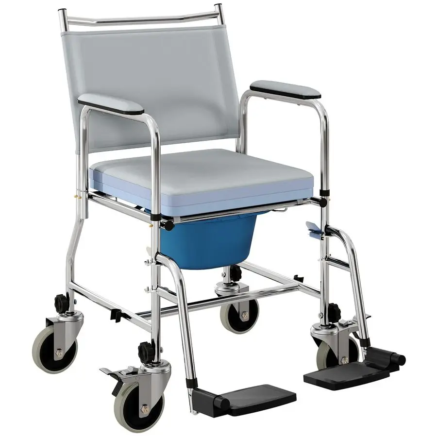 3 in 1 Shower Commode Wheelchair with 4 Lockable Wheels, Bedside Commode Chair with Arms, Footrests, Detachable Bucket, for Seni