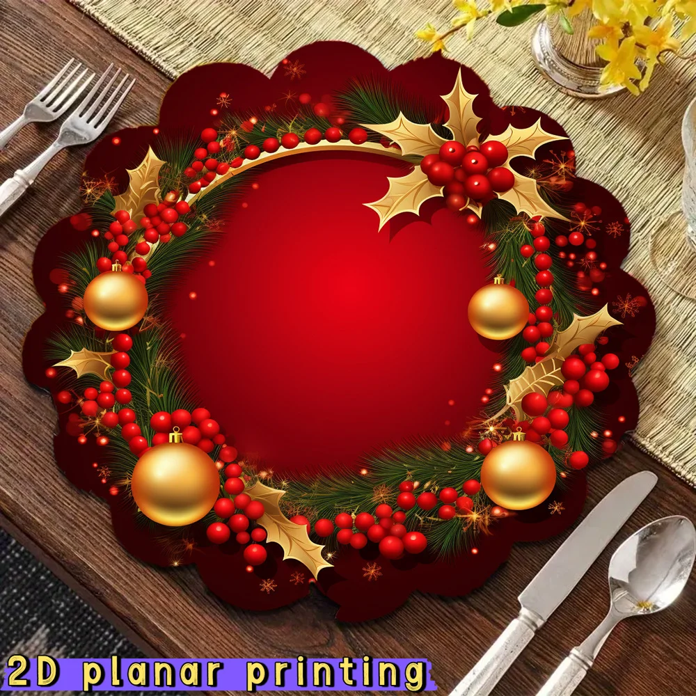 Round Scalloped Christmas Placemats Berry Wreath Linen Mats Non-Slip Wipe Clean for Xmas Party Dining Table Decor