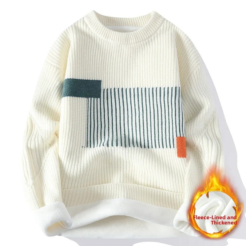 

Мужской утепленный вязаный свитер с круглым вырезом и длинными рукавами, на флисовой подкладке, зимний, повседневный, теплый базовый слой, модный, в стиле колор-блок.