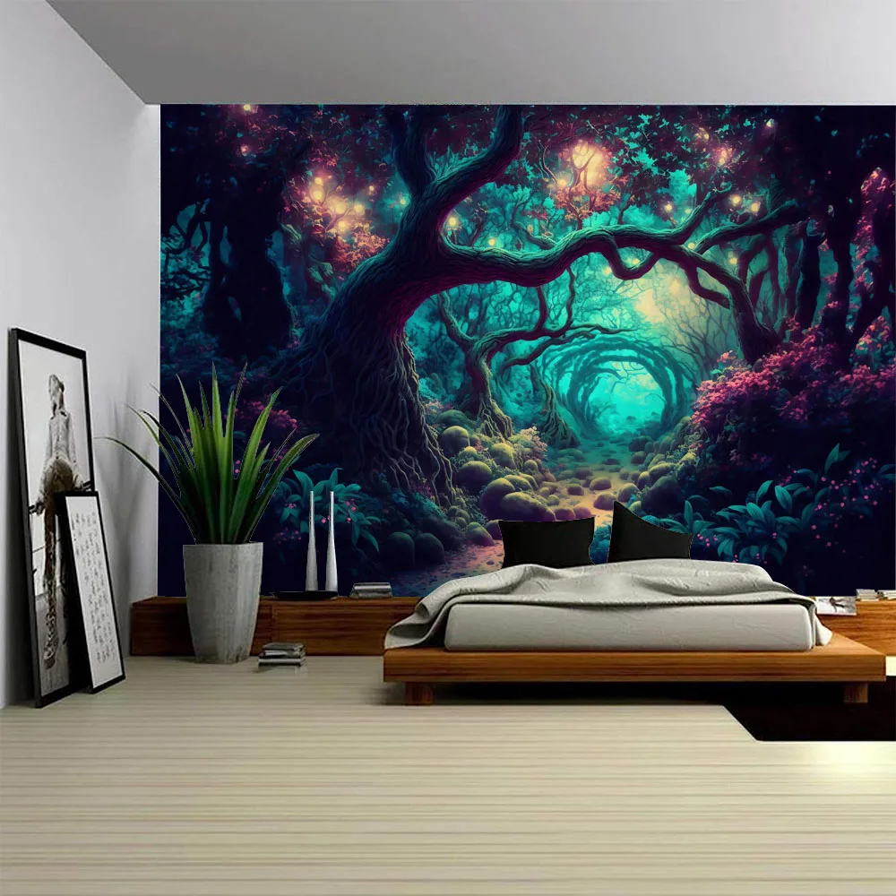 

Fairy Tale Forest Art Decoration Tapestry Colorful Flowers Firefly Wall Hanging Bohemian Style Waterfall Home Background Cloth
