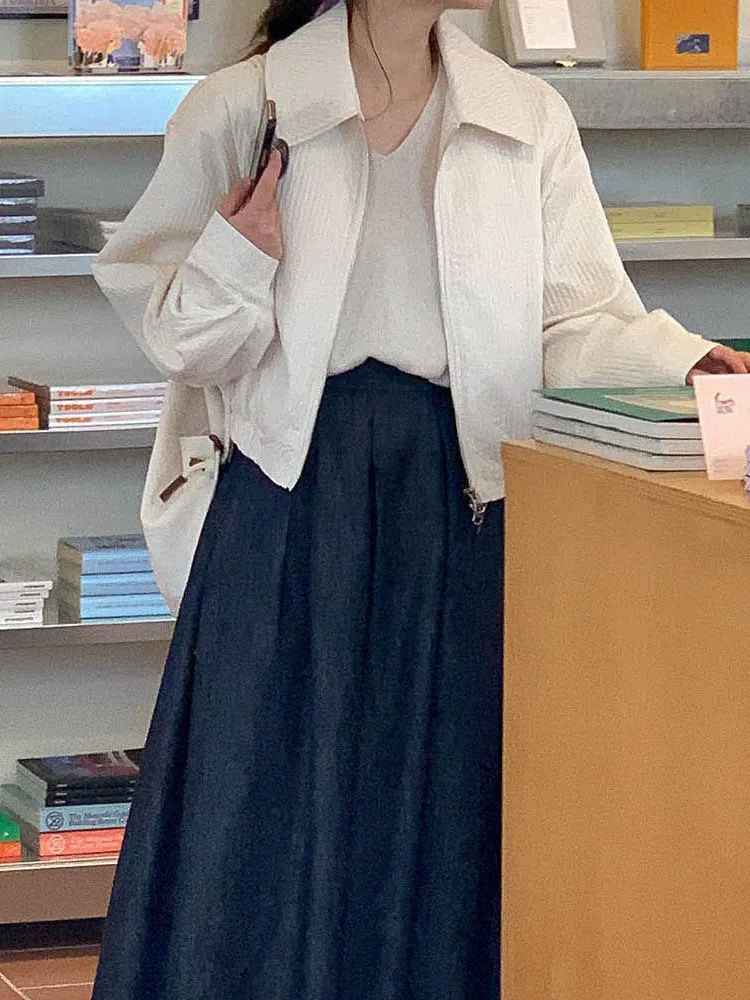 معطف نسائي من Faionable ort بسحاب بتصميم Jaet Chic بياقة مقلوبة وفضفاض ومتعدد الاستخدامات معطف كوري بلون نقي للسيدات #3