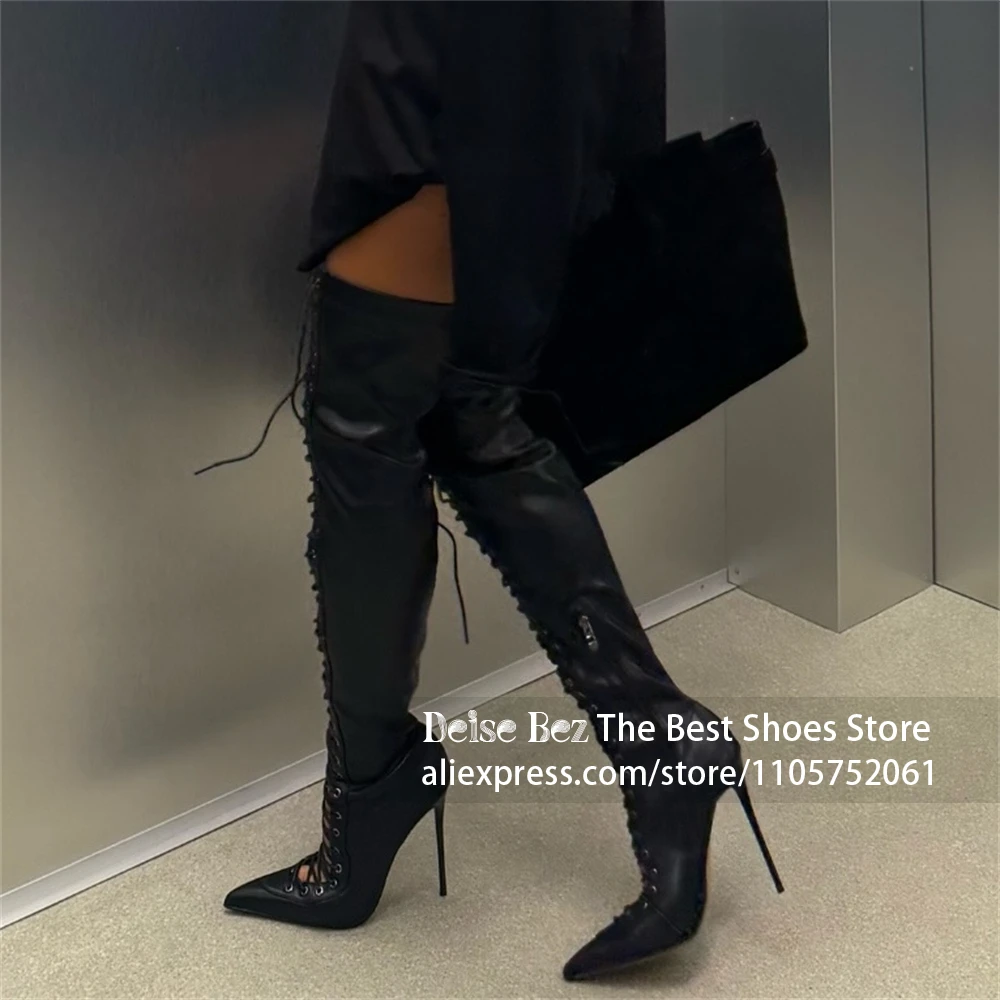 Crisscross Lace Up Cutout Design Over the Knee Boots Women Black Lace Up Thigh High Stiletto Boots Side Zipper Customized Color