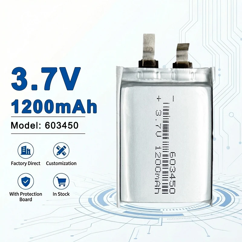 603450 3.7V 1200mAh Rechargeable Li-ion Battery for RC Toys Wearables & Electronics-500 Cycles 682030 701225 701230 701240
