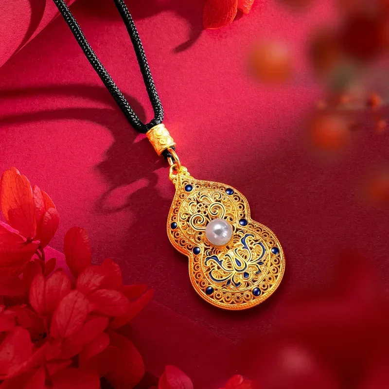 

24K Yellow Gold Ancient Filament Palace Style Burned Blue Gourd Pendant, 9999 Real Gold Necklace Ladies Wedding Birthday Gift