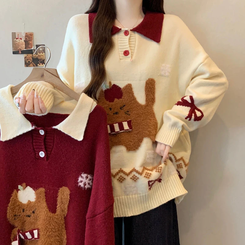 

Fall Winter Cute Cat Sweater Women Harajuku Y2K Lazy 3D Pullover Kawaii Loose Casual Preppy Style Knit Korean Patchwork Top